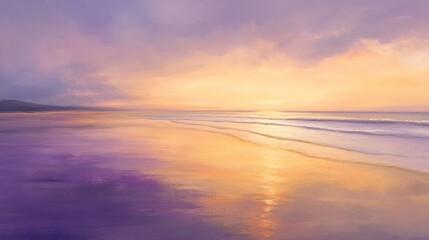 Purple and orange sunset over a sandy beach with waves.