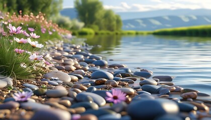 Serene riverbank adorned with blooming flowers and smooth pebbles, capturing the beauty of nature in photorealistic detail