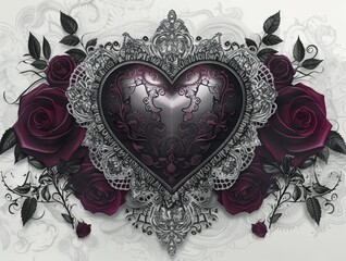 Wall Mural - Elegant gothic artwork featuring a heart adorned with intricate lace patterns and surrounded by dark red roses, symbolizing romance and mystery.