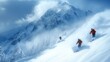 © julio - Skiers navigating a snowy mountain landscape under cloudy skies.
