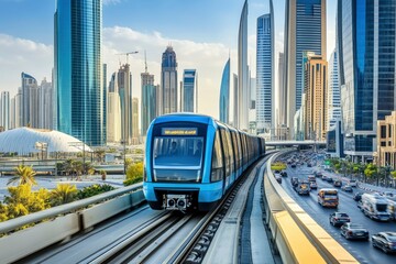 Monorail Subway train rides among glass skyscrapers in Dubai. Traffic on street in Dubai. Museum of the Future in Dubai. Cityscape skyline. Urban background. generative ai