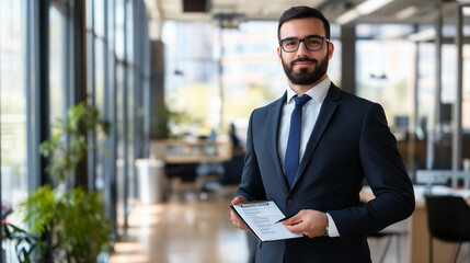 Confident businessman in modern office holding notepad with financial tips, exuding success and prosperity in professional environment.