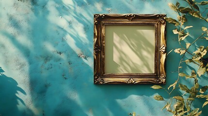 Canvas Print - Ornate Gold Frame Against a Turquoise Wall