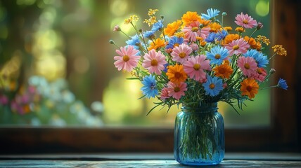 Sticker - Colorful Blooming Flower Bouquet in a Jar