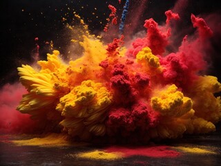 Red and yellow colored powder explosions on black background