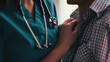 © Dai - Close-up of medical professional examining patient with rare illness, using stethoscope and medical equipment. Patient's concern and doctor's focused attention, ideal for healthcare, medical
