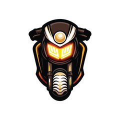 A close-up illustration of a motorcycle headlight with a sleek, modern design. The headlight is glowing with bright yellow light, with intricate details on the surrounding bodywork.