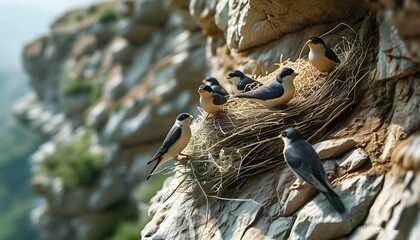 Realistic depiction of nesting birds on a rugged cliffside amidst vibrant natural life