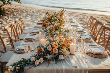 On the beach there are festive tables and chairs. Or a wedding table decorated with beautiful floral elements and candles? On the table were also glasses, plates, and cutlery. generative ai