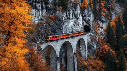 Canvas Print - Train Crossing a Stone Arch Bridge in Autumn