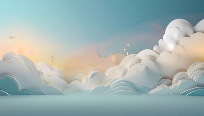 The sky background is filled with pastel fluffy clouds in a paper layer format.