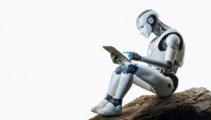 A humanoid robot sits on a rock against a backdrop of mountains, reading an e-book and thinking