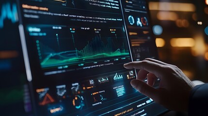 Wall Mural - close-up of a hand interacting with a digital interface showing data and graphs