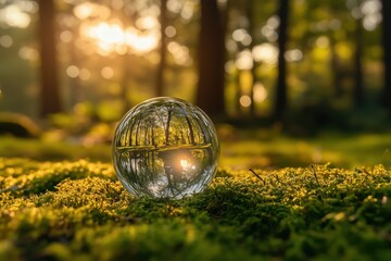 Wall Mural - A glass globe on grass and in the forest,