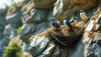 Wall Mural - Realistic depiction of nesting birds on a rugged cliffside amidst vibrant natural life