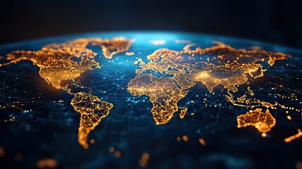 Wall Mural - a world map highlights global network connectivity for finance transactions, business trading, and t