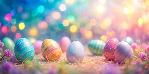 Wall Mural - Easter Eggs Nestled in a Bed of Soft Hay and Delicate Blossoms, Bathed in a Shimmering Glow of Pastel Lights
