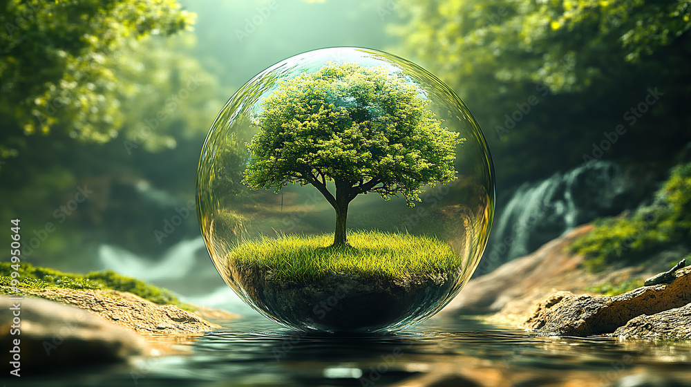 Eco concept with a tree inside a glass sphere on a blurred background ...