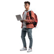 © AlexCaelus - Young man with glasses and backpack using a laptop, dressed casually in jeans and a jacket, isolated on white background.