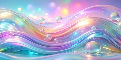 Wall Mural - Abstract iridescent waves with floating spheres, reflecting soft light and creating a mesmerizing dreamscape.