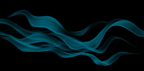 Wall Mural - Blue smoke abstract on black background, fire design. Blue abstract wave. Magic line design. Flow curve motion element. Neon gradient wavy illustration. Colorful smoke clouds close up.