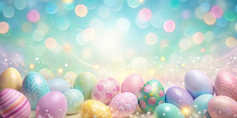 Wall Mural - A festive collection of pastel colored Easter eggs against a bokeh background of delicate light and shimmer