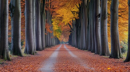 A dirt path lined with tall trees in vibrant autumn colors.