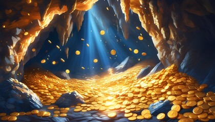 Wall Mural - dazzling treasure cave overflowing with gold coins illuminated by shimmering light