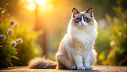 A long-haired white cat with blue eyes sits on a stone path, bathed in the golden glow of the setting sun. The cat's fur is soft and fluffy, and its eyes are bright and alert.