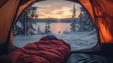 Poster - A Cozy Campsite with a Stunning Sunrise View Through a Tent's Open Flap