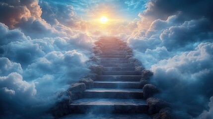 Stairs rise through white clouds towards a heavenly blue sky and sun, symbolizing a holy path or stairway to paradise.