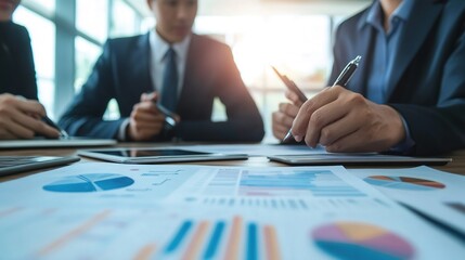 Poster - A close-up view of a business meeting with professionals analyzing financial reports and charts on a table, highlighting collaboration and strategy.