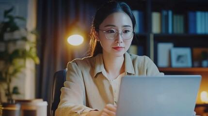 Sticker - A woman with glasses works intently on her laptop in a cozy, well-lit setting, showcasing a modern workspace with books in the background.