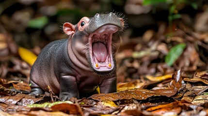 happy pygmy hippo smiling in natural habitat.