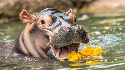 Wall Mural - Happy Pygmy Hippo Smiling in Natural Habitat.