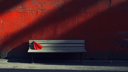 Wall Mural - A solitary red cloth rests on a wooden bench against a red wall.