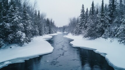 Wall Mural - A Frozen River Winding Through a Snow-Covered Forest