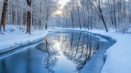 Sticker - A winding river in a snowy forest with reflections of trees in the icy water.