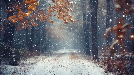 Wall Mural - A Snowy Path Through a Winter Forest with Fallen Leaves