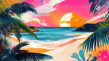 Wall Mural - Retro tropical beach with collage art abstract background. generative ai. Pop Surrealism. Illustration