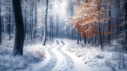 Wall Mural - A Winding Path Through a Snow-Covered Winter Forest