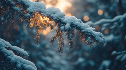 Sticker - Snow-Covered Pine Branch with Sunset Glowing Through