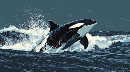 Wall Mural - a killer whale leaps from the water, creating a spray of water.
