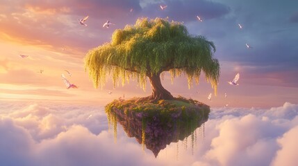 Wall Mural - A willow tree with translucent leaves sits atop a floating island suspended in the sky. Its long branches sway gently in the wind, and the island floats above a sea of clouds