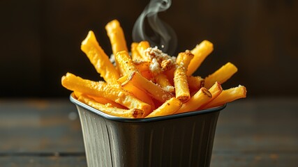 A small, square container filled with steaming hot, crispy French fries in a golden yellow hue, topped with a small amount of salty, melted seasonings.