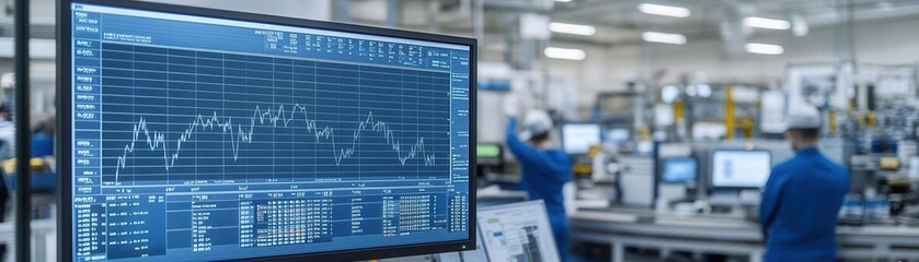 Close-up of SPC control charts on a large monitor, workers in the background making process adjustments
