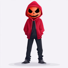 A cartoon man wearing a red hoodie and a scary pumpkin head for Halloween.