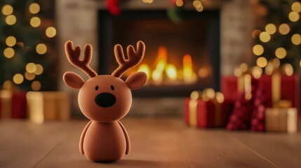 A cute plush reindeer stands in front of a cozy fireplace, adorned with festive decorations and warm, glowing lights.