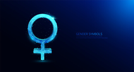 Gender symbols female. Polygon glowing blue on a dark background. Banner vector illustration.