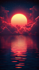 Poster - A digital art sunset with a red sky and a reflective surface.